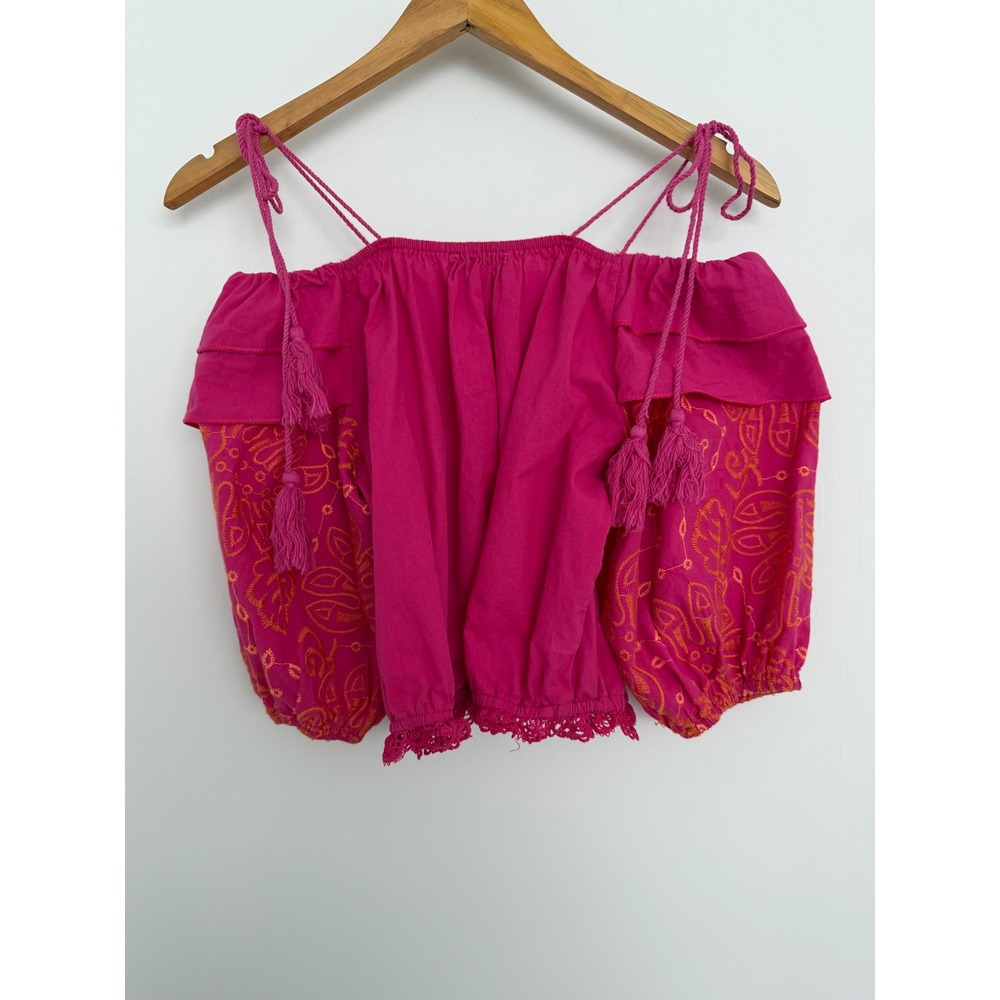 Urban Spirit Rulys Magenta Pink Off The Shoulder Embroidered Tassel Crop Top - Picture 3 of 9